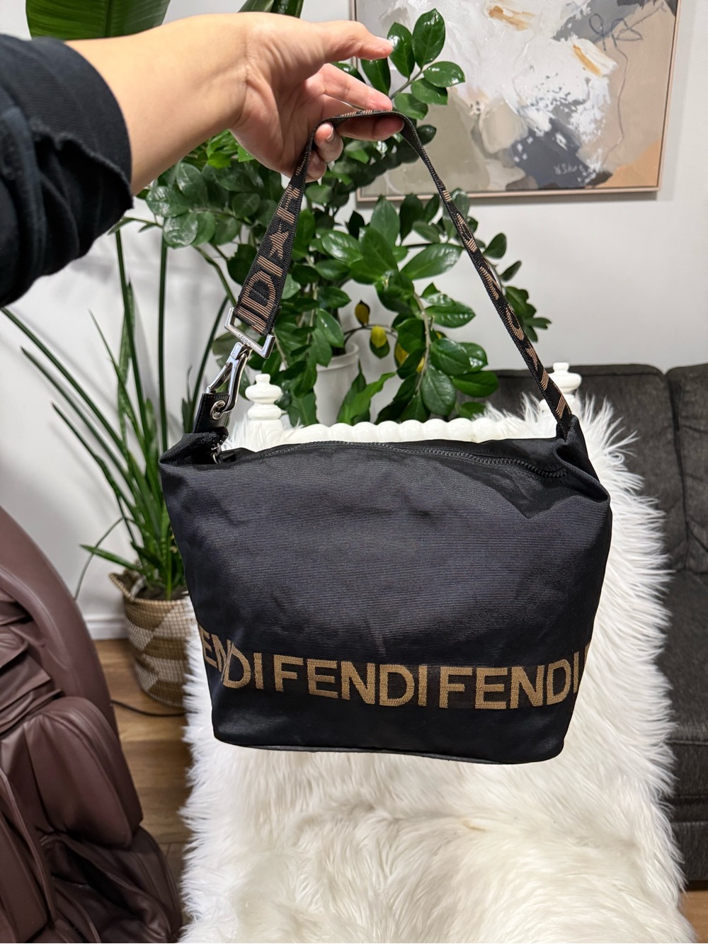 Authentic Fendi Nylon Shoulder Bag with Pouch